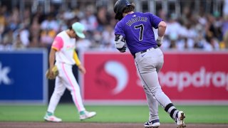 SAN DIEGO, CALIFORNIA – AUGUST 02: Brendan Rodgers #7 of the Colorado Rockies rounds the bases after hitting a home run against the San Diego Padres during the second inning at Petco Park on August 02, 2024 in San Diego, California. (Photo by Orlando Ramirez/Getty Images)