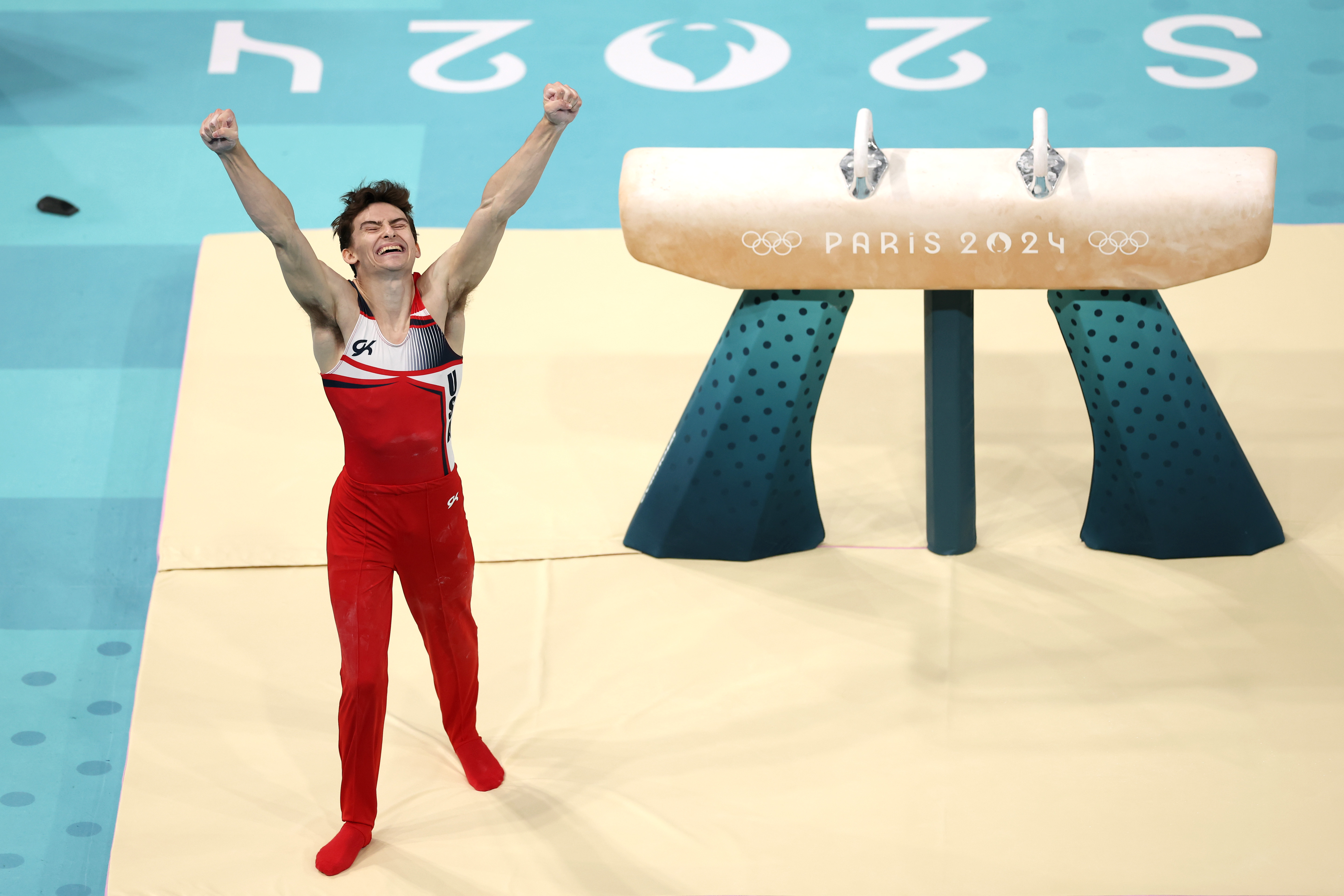 Worcester native gymnast Stephen Nedoroscik of Team USA celebrates after finishing his pommel horse routine during the event final at Bercy Arena on Day eight of the Paris Olympic Games, Saturday, Aug. 3, 2024.