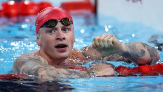 Adam Peaty of Team Great Britain reacts after competing in the men’s 4x100m medley relay final at the Paris Olympic Games on August 4, 2024.