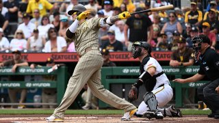 PITTSBURGH, PENNSYLVANIA – AUGUST 8: Manny Machado #13 of the San Diego Padres hits a two run home run in the first inning during the game against the Pittsburgh Pirates at PNC Park on August 8, 2024 in Pittsburgh, Pennsylvania. (Photo by Justin Berl/Getty Images)