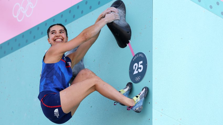 PARIS, FRANCE – AUGUST 06: Brooke Raboutou reacts during the Women’s Boulder & Lead Semifinal on day eleven of the Olympic Games Paris 2024 at Le Bourget Sport Climbing Venue on August 06, 2024 in Paris, France. (Photo by Michael Reaves/Getty Images)