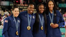 Kelsey Plum of United States, Chelsea Gray of United States, Jackie Young of United States, A'Ja Wilson of United States pose with their gold medal during the ceremony after winning the Women's Gold Medal Game, Game 52, France vs United States of America on day sixteen of the Olympic Games Paris 2024 at Arena Bercy on August 11, 2024 in Paris, France. (Photo by Tnani Badreddine/DeFodi Images via Getty Images)