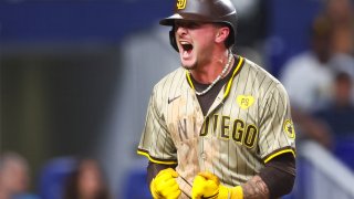 MIAMI, FLORIDA – AUGUST 09: Jackson Merrill #3 of the San Diego Padres celebrates after hitting a home run against the Miami Marlins during the ninth inning of the game at loanDepot park on August 09, 2024 in Miami, Florida. (Photo by Megan Briggs/Getty Images)