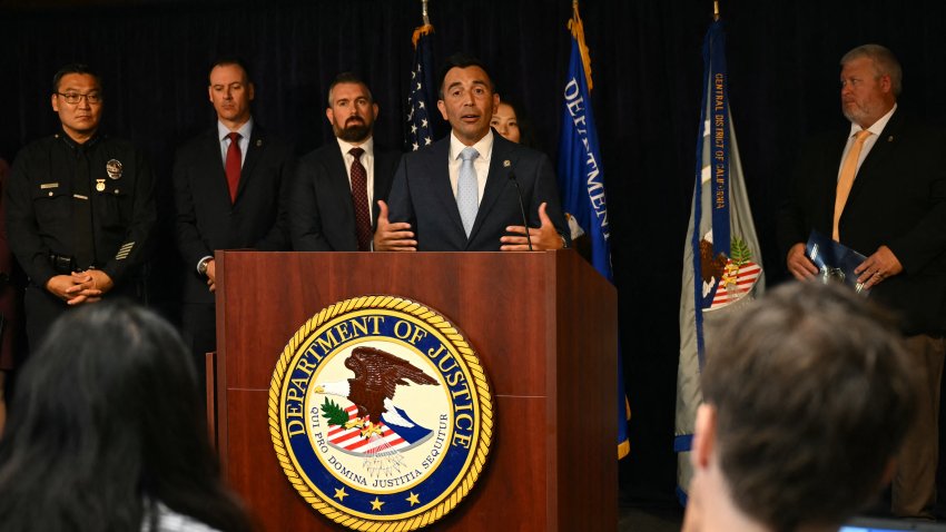 US Attorney for the Central District of California, Martin Estrada, speaks during a press conference on August 15, 2024, announcing arrests in the death of "Friends" actor Matthew Perry, in Los Angeles. US investigators have charged five people in connection with Perry's death.