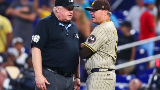 MIAMI, FLORIDA – AUGUST 11: Manager Mike Shildt #8 of the San Diego Padres speaks to umpire Bill Miller #26 during the ninth inning of the game against the Miami Marlins at loanDepot park on August 11, 2024 in Miami, Florida. (Photo by Megan Briggs/Getty Images)