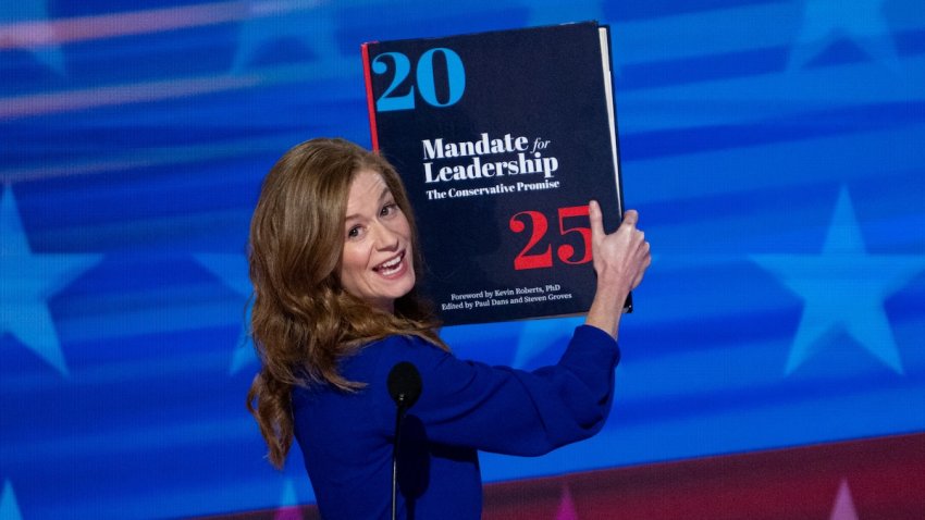 Michigan State Senator Mallory McMorrow holds up a “Project 2025” book as she
speaks during the 2024 Democratic National Convention at the United Center in Chicago on Monday, August 19, 2024.