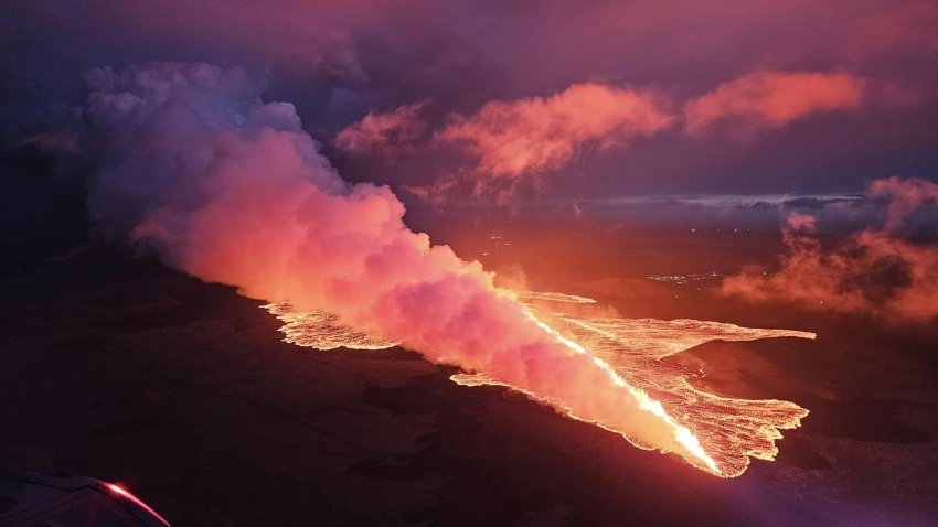 An aerial view of Iceland's Reykjanes Peninsula volcanic eruption