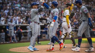 SAN DIEGO, CALIFORNIA – AUGUST 24:  Francisco Lindor #12 of the New York Mets celebrates at home plate after hitting a home run in the fourth inning against the San Diego Padres at Petco Park on August 24, 2024 in San Diego, California. (Photo by Matt Thomas/San Diego Padres/Getty Images)