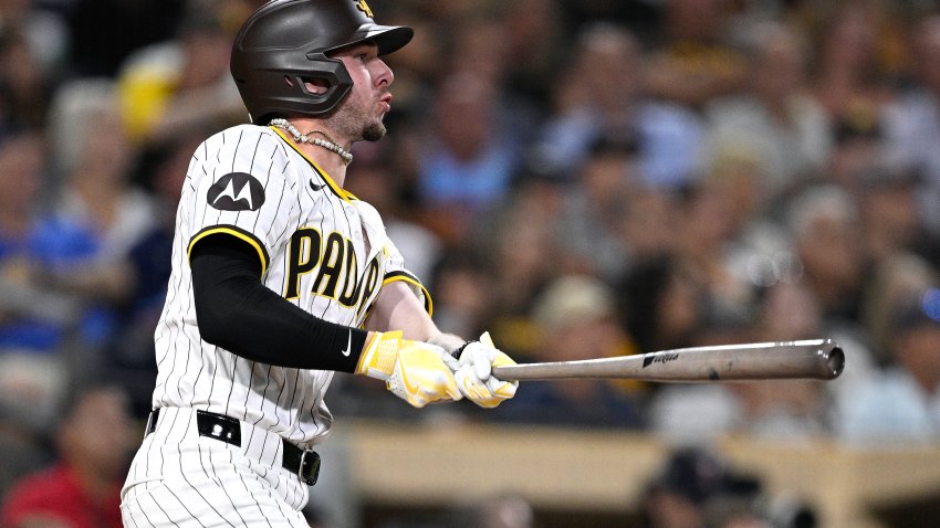 SAN DIEGO, CALIFORNIA – AUGUST 19: Jackson Merrill #3 of the San Diego Padres hits a three-RBI double against the Minnesota Twins during the third inning at Petco Park on August 19, 2024 in San Diego, California. (Photo by Orlando Ramirez/Getty Images)