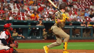 ST LOUIS, MISSOURI – AUGUST 27: Jake Cronenworth #9 of the San Diego Padres hits an RBI single against the St. Louis Cardinals in the sixth inning at Busch Stadium on August 27, 2024 in St Louis, Missouri. (Photo by Dilip Vishwanat/Getty Images)