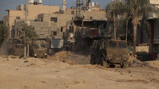 Israeli army patrols during raid on Nur Shams near the city of Tulkarm in the West Bank, on August 29, 2024.