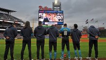 The Philadelphia Phillies observe a moment of silence in honor of Columbus Blue Jackets hockey player Johnny Gaudreau and his brother Matthew