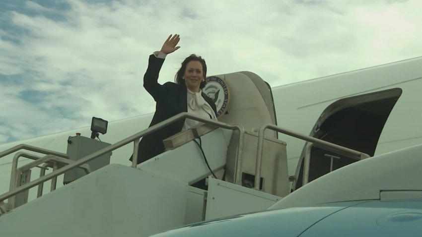 Vice President Kamala Harris waves before departing from San Francisco International Airport for Washington, D.C. following a campaign fundraiser event in San Francisco. August 11, 2024.