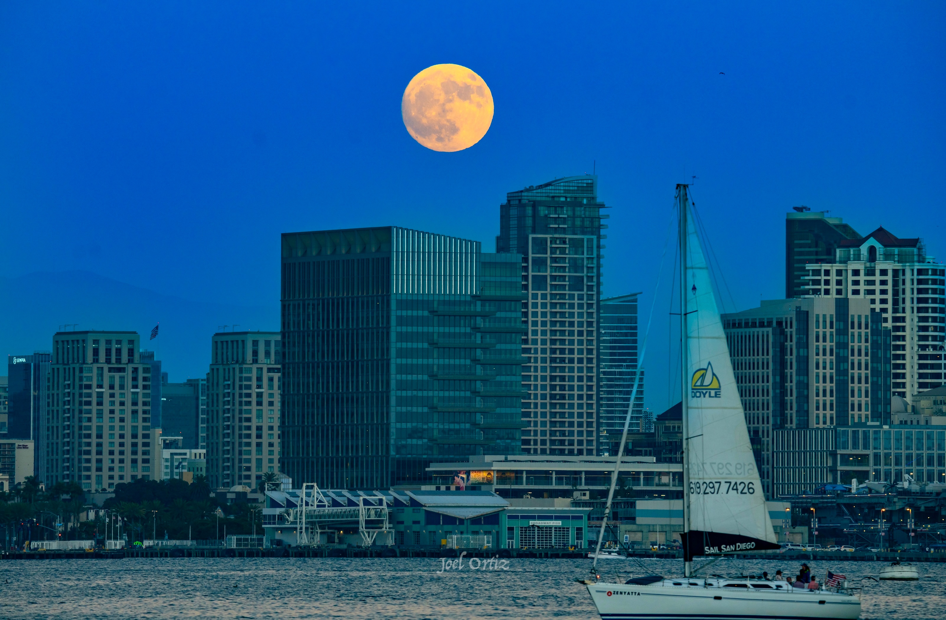 Blue supermoon over San Diego Bay. Credit: Joel Ortiz.