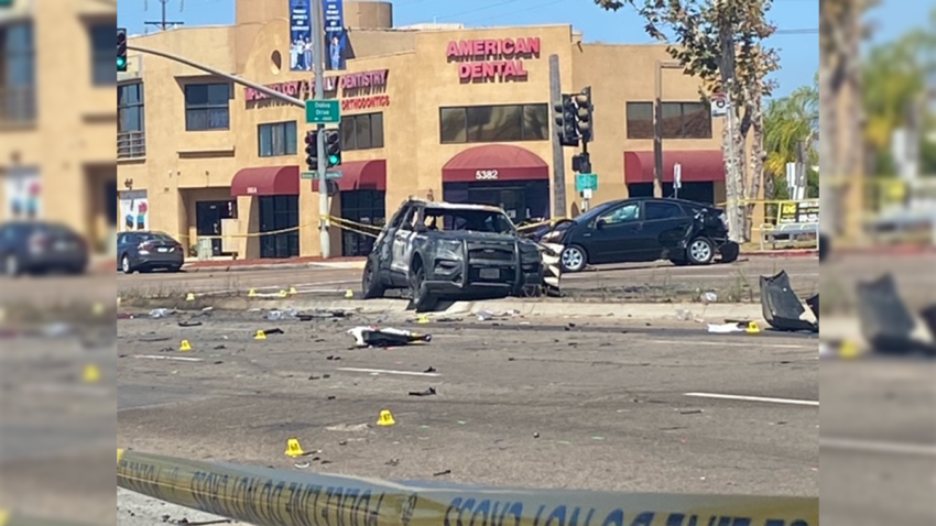 Photo shows the San Diego Police cruiser after the crash that killed a police officer and left another critically injured on Monday Aug. 27, 2024.