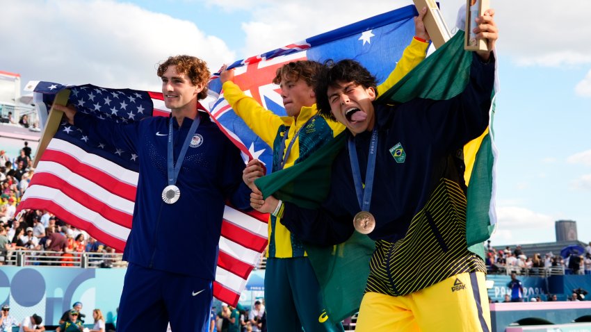 Encinitas’ Tom Schaar (L) is taking home the silver in skateboarding park.
Australia’s Keegan Palmer (C), who was also born in San Diego, maintains his title. Brazil’s Augusto Akio (R) wins the bronze with 91.85.