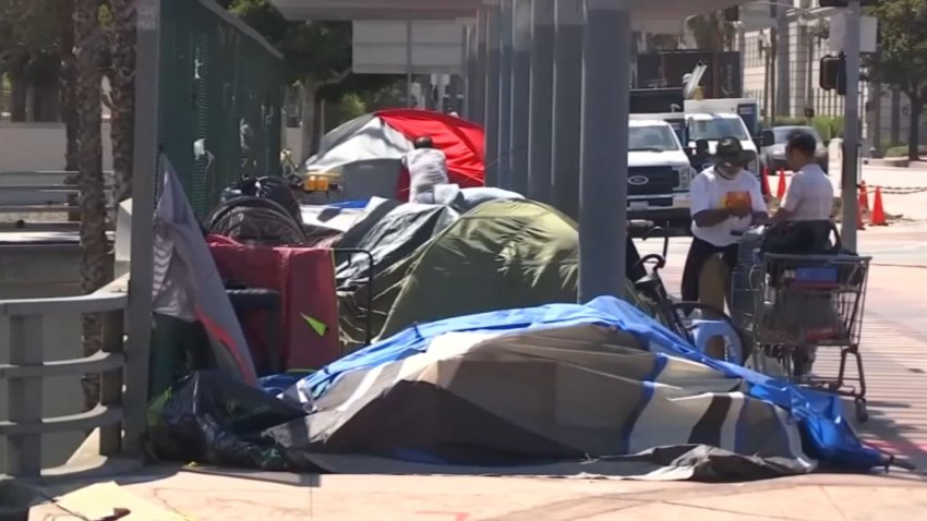 A homeless encampment is pictured in this undated image.