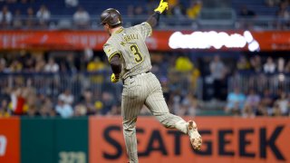 PITTSBURGH, PA – AUGUST 07: Jackson Merrill #3 of the San Diego Padres celebrates on the base paths his solo home run that tied the game in the ninth inning against the Pittsburgh Pirates at PNC Park on August 7, 2024 in Pittsburgh, Pennsylvania. (Photo by Justin K. Aller/Getty Images)