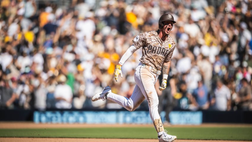 SAN DIEGO, CALIFORNIA – AUGUST 25: Jackson Merrill #3 of the San Diego Padres celebrates after hitting a walk-off home run against the New York Mets at Petco Park on August 25, 2024 in San Diego, California. (Photo by Matt Thomas/San Diego Padres/Getty Images)