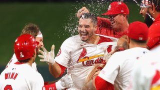 ST LOUIS, MISSOURI – AUGUST 28: Nolan Arenado #28 of the St. Louis Cardinals celebrates with teammates after hitting a walk-off single against the San Diego Padres in the tenth inning at Busch Stadium on August 28, 2024 in St Louis, Missouri. (Photo by Dilip Vishwanat/Getty Images)