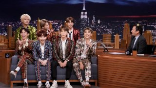 BTS during an interview with host Jimmy Fallon on September 25, 2018.