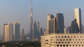 The Dubai International Financial Centre (DIFC) area of Dubai, United Arab Emirates, with the Burj Khalifa in the backdrop, Sept. 16, 2022.