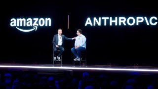 Amazon Web Services CEO Adam Selipsky speaks with Anthropic CEO and co-founder Dario Amodei during AWS re:Invent 2023, a conference hosted by Amazon Web Services, at The Venetian Las Vegas in Las Vegas on Nov. 28, 2023.