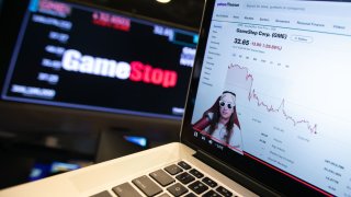 Keith Gill, a Reddit user credited with inspiring GameStop’s rally, during a YouTube livestream arranged on a laptop at the New York Stock Exchange on June 7, 2024.