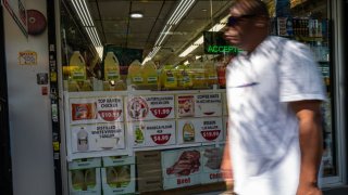 Prices are displayed in a store window in Brooklyn on August 14, 2024 in New York City. 