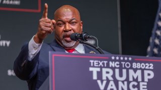 Mark Robinson, lieutenant governor of North Carolina and candidate for governor, speaks prior to Republican presidential nominee former President Donald Trump speaking at a campaign event at Harrah’s Cherokee Center in Asheville, North Carolina, on Aug. 14, 2024.