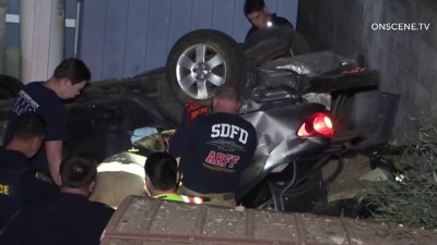 Driver crashes off hill into mobile home park in south San Diego