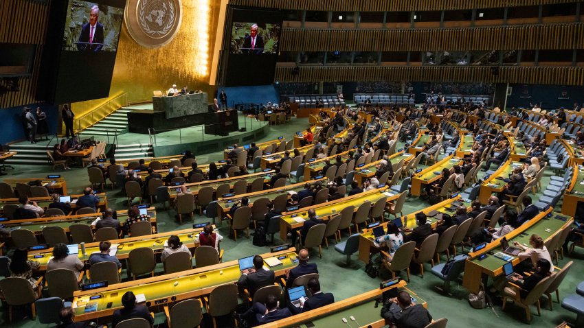 António Guterres, United Nations Secretary-General, speaks during the 79th session of the United Nations General Assembly, Tuesday, Sept. 10, 2024. Cameroon’s former Prime Minister Philemon Yang, seated behind Guterres, took over the presidency of the U.N. General Assembly on Tuesday.