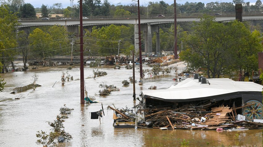 Flooding recedes in the River Arts District in downtown Asheville, N.C. on Sep 29, 2024 during the aftermath of Hurricane Helene.