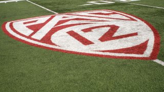 PULLMAN, WA – AUGUST 31: The Pac-12 logo on the field of Martin Stadium during the game between the Portland State Vikings and the Washington State Cougars on August 31, 2024, at Martin Stadium in Pullman, WA. (Photo by Oliver McKenna/Icon Sportswire via Getty Images)