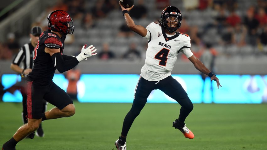 SAN DIEGO, CA – SEPTEMBER 07: Oregon State quarterback Gevani McCoy (4) rolls out of the pocket and attempts a pass during a college football game between the Oregon State Beavers and the San Diego State Aztecs on September 07, 2024, at Snapdragon Stadium in San Diego, CA. (Photo by Chris Williams/Icon Sportswire via Getty Images)