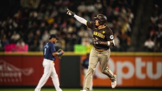 SEATTLE, WASHINGTON – SEPTEMBER 10: Manny Machado #13 of the San Diego Padres jogs around the bases after hitting a home run in the sixth inning against the Seattle Mariners at T-Mobile Park on September 10, 2024 in Seattle, Washington. (Photo by Matt Thomas/San Diego Padres/Getty Images)