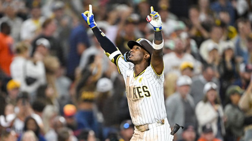 SAN DIEGO, CA – SEPTEMBER 16: Jurickson Profar #10 of the San Diego Padres points skyward after hitting a solo home run during the eighth inning of a baseball game against the Houston Astros, September 16, 2024 at Petco Park in San Diego, California. (Photo by Denis Poroy/Getty Images)