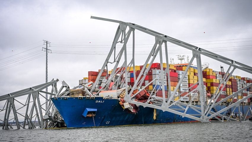 The container ship Dali is seen in the wreckage of Francis Scott Key Bridge April 1, 2024, almost a week after it hit a structural pier causing a subsequent bridge collapse.. (Jerry Jackson/The Baltimore Sun/Tribune News Service via Getty Images)