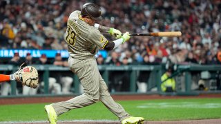 SAN FRANCISCO, CALIFORNIA – SEPTEMBER 14: Manny Machado #13 of the San Diego Padres hits a bases loaded two-run RBI single against the San Francisco Giants in the top of the six inning at Oracle Park on September 14, 2024 in San Francisco, California. (Photo by Thearon W. Henderson/Getty Images)