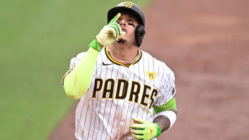 SAN DIEGO, CA – SEPTEMBER 18: Manny Machado #13 of the San Diego Padres points skyward after hitting a solo home run during the sixth inning of a baseball game against the Houston Astros on September 18, 2024 at Petco Park in San Diego, California. (Photo by Denis Poroy/Getty Images)