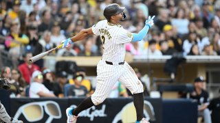 SAN DIEGO, CA – SEPTEMBER 21: Xander Bogaerts #2 of the San Diego Padres hits two-run home run home run during the second inning of a baseball game against the Chicago White Sox, September 21, 2024 at Petco Park in San Diego, California. (Photo by Denis Poroy/Getty Images)