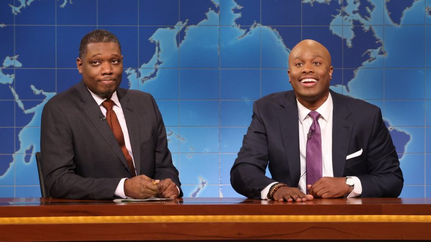 Anchor Michael Che and Devon Walker as Eric Adams during Weekend Update on Saturday, September 28, 2024 -- (Photo by: Will Heath/NBC via Getty Images)