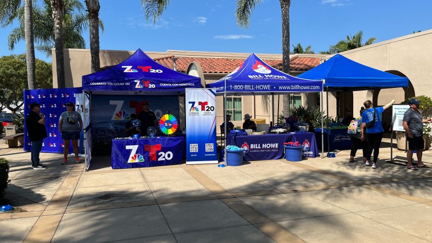 Team members from NBC 7 and Telemundo 20 are shown in front of the San Diego Humane Society's campus on Gaines Street for the Clear the Shelters event, Saturday, Sept. 7, 2024.