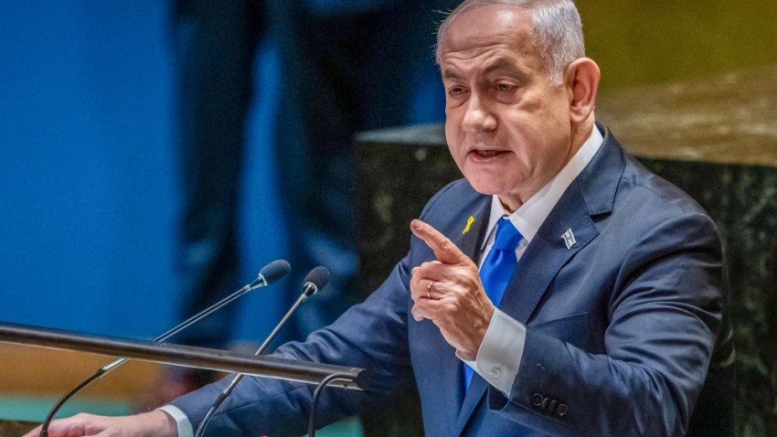 Benjamin Netanyahu speaks at the 79th General Debate of the U.N. General Assembly in New York City on Friday