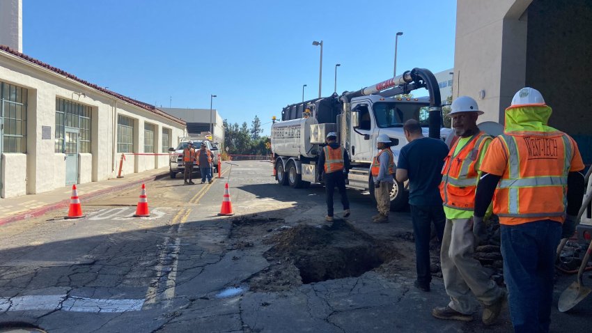 A water main break at San Diego State University prompted water shutoffs to some campus buildings on Sept. 22, 2024. (NBC 7 San Diego)