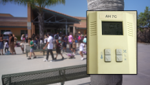 This collage of images shows an early dismissal at Willow Grove Elementary School on August 9th due to faulty air conditioning equipment. The smaller image shows a thermostat reading inside one classroom.