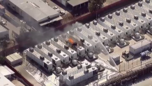 A lithium-ion battery fire burns at an SDG&E facility in Escondido, Sept. 5, 2024.