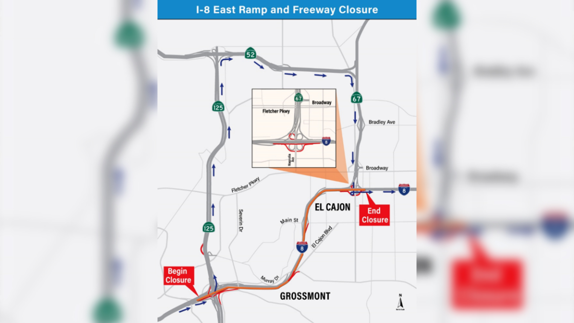 A map showing the closure starting at Jackson Drive in La Mesa and ending near Broadway in El Cajon,