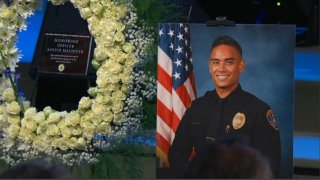 Memorial services for San Diego Police officer Austin Machitar, who died on Aug. 26 after a fiery crash in Clairemont was held on Sept. 21, 2024. (NBC 7 San Diego)