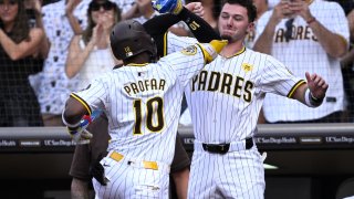 SAN DIEGO, CALIFORNIA – SEPTEMBER 05: Jurickson Profar #10 of the San Diego Padres celebrates his solo home run with Jackson Merrill #3 against the Detroit Tigers in the first inning at Petco Park on September 05, 2024 in San Diego, California. (Photo by Orlando Ramirez/Getty Images)